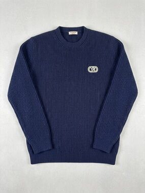 Valentino Navy Ribbed Crewneck with CV Emblem
